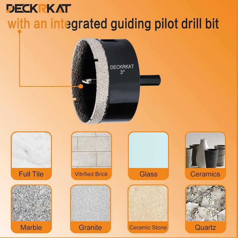 DECKRKAT 3 inch Diamond Hole-Saw Bits with Pilot Drill Bit -3" Diamond Tipped Tile Hole Saws with Guiding Bit Accurate Drilling for Porcelain Tile Ceramic Pottery Granite Stone Glass Bottles 75mm - Image 5